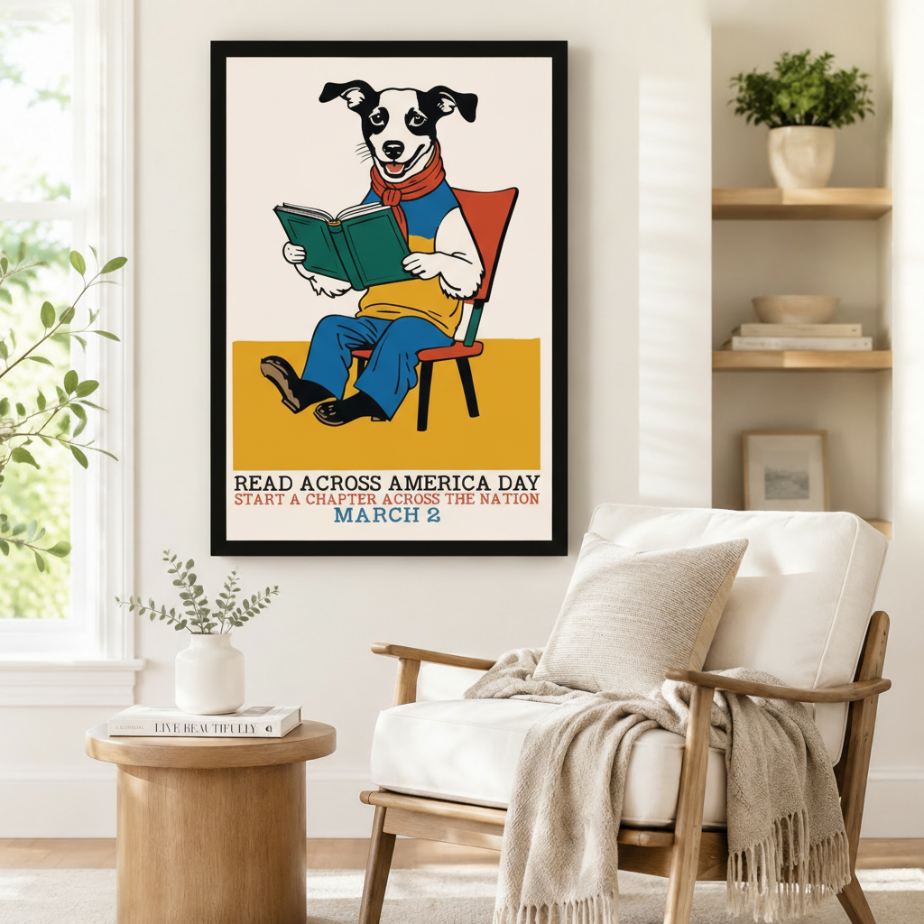 Reading Dog Retro Folk Art Canvas Print Wall Art