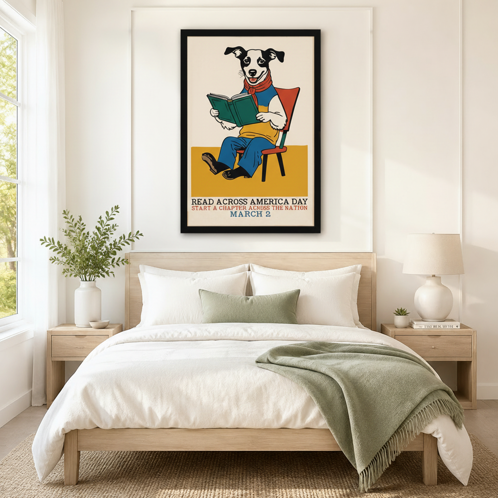 Reading Dog Retro Folk Art Canvas Print Wall Art
