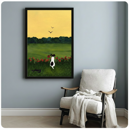 Dog Poppy Field Folk Art Canvas Print Wall Art