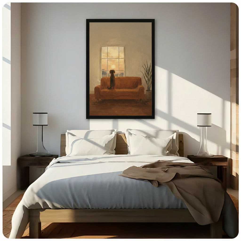 Dog Watching Sunset Framed Canvas Wall Art