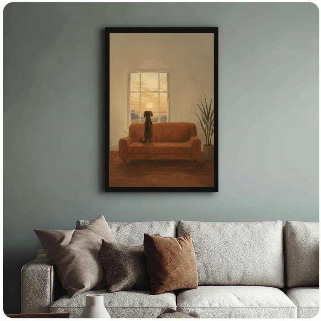 Dog Watching Sunset Framed Canvas Wall Art