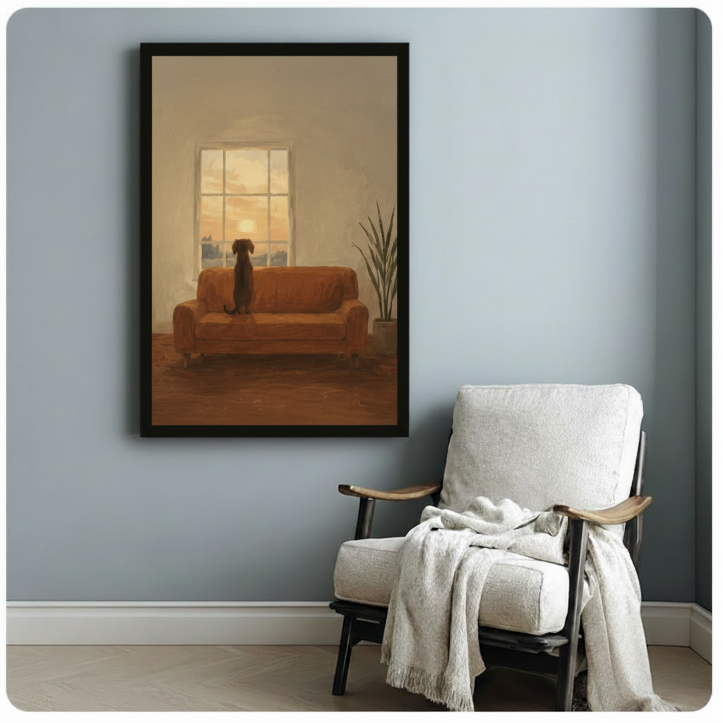 Dog Watching Sunset Framed Canvas Wall Art