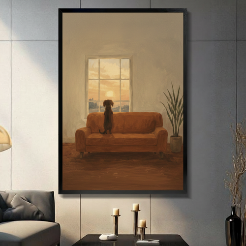 Dog Watching Sunset Framed Canvas Wall Art