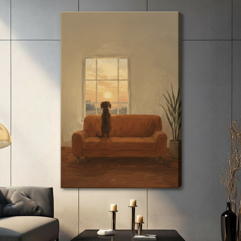 Dog Watching Sunset Framed Canvas Wall Art