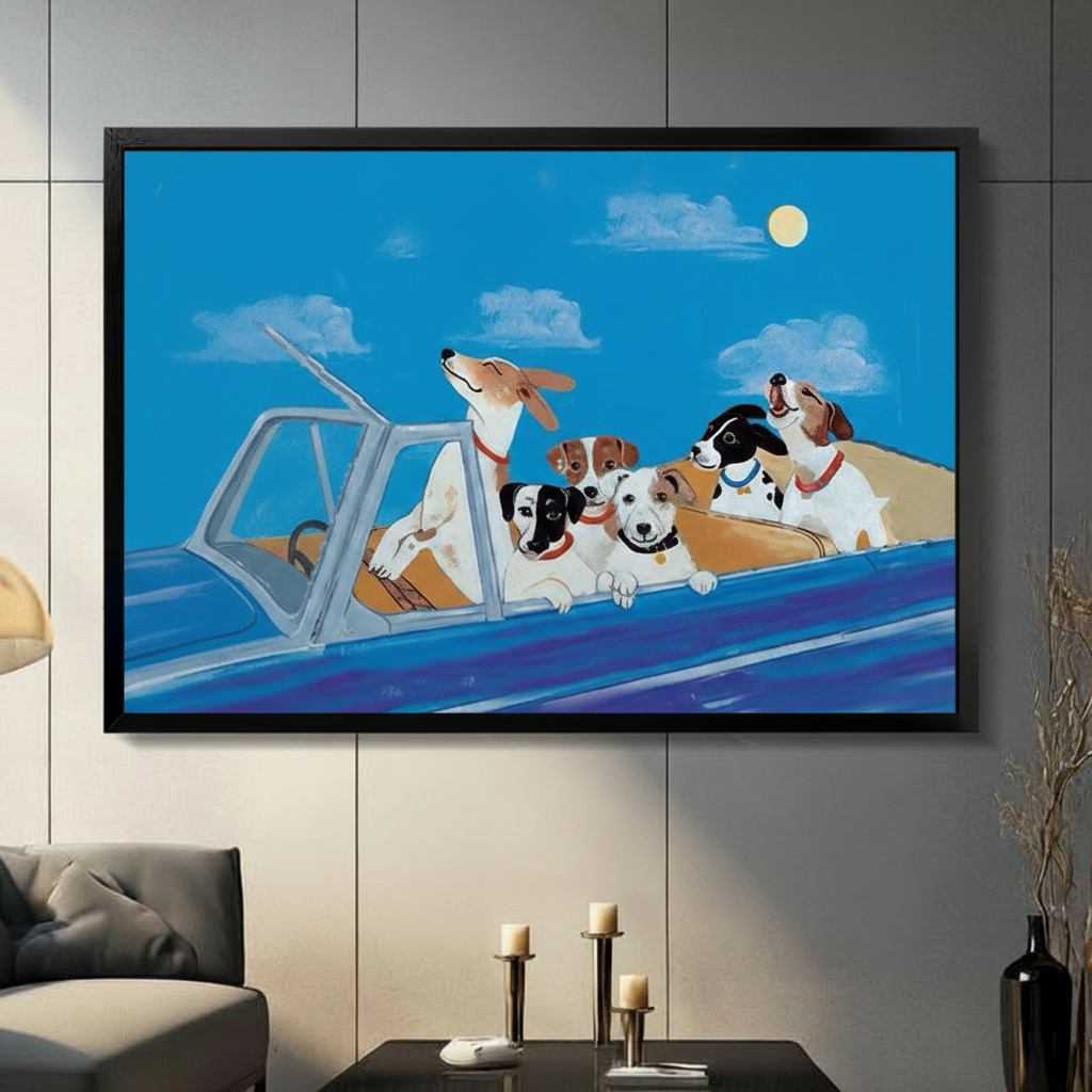 Dogs Joyride Night Illustrative Canvas Wall Art