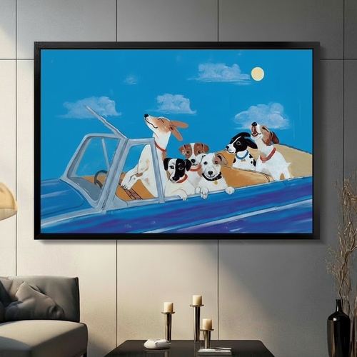 Dogs Joyride Night Illustrative Canvas Wall Art