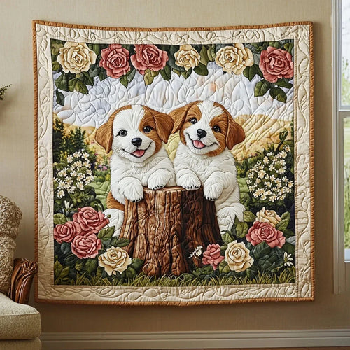 Dogs In Rose Garden Quilt Blanket