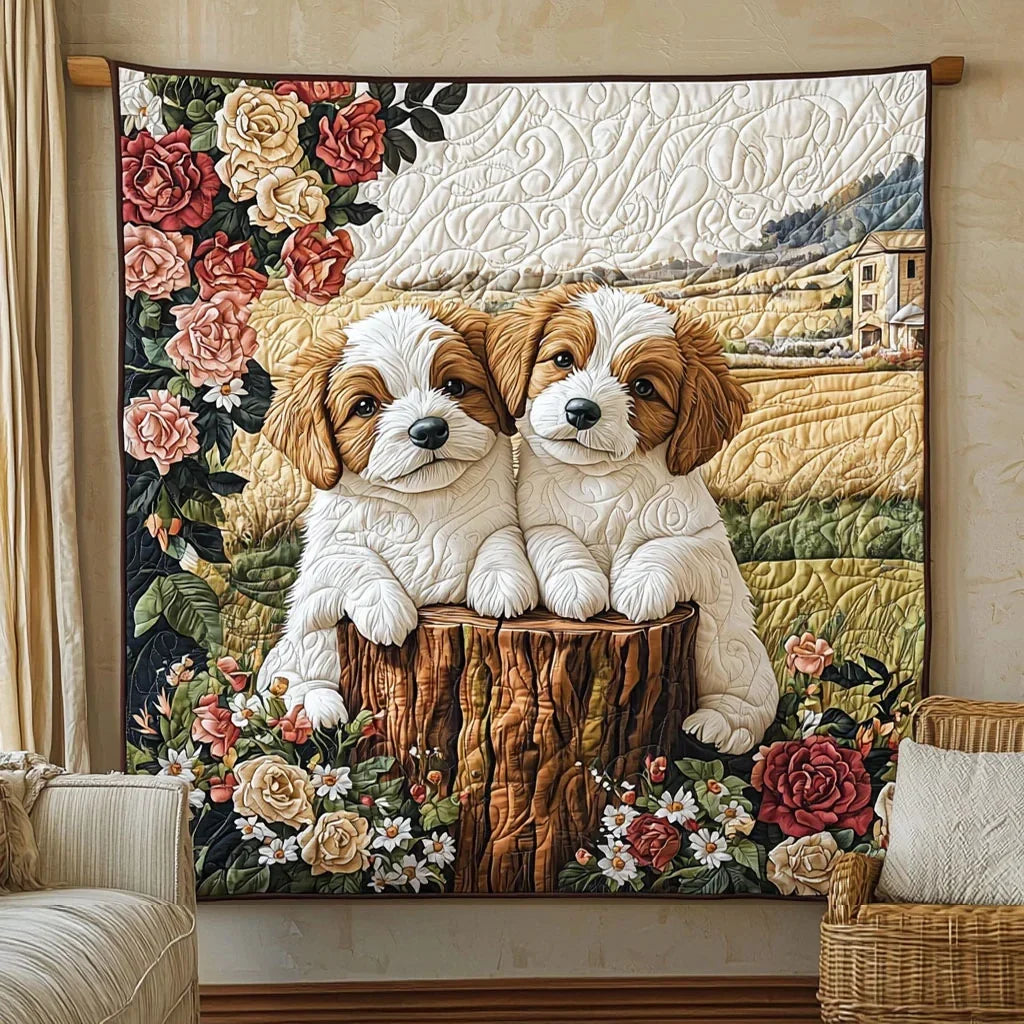 Dogs In Rose Garden Quilt Blanket
