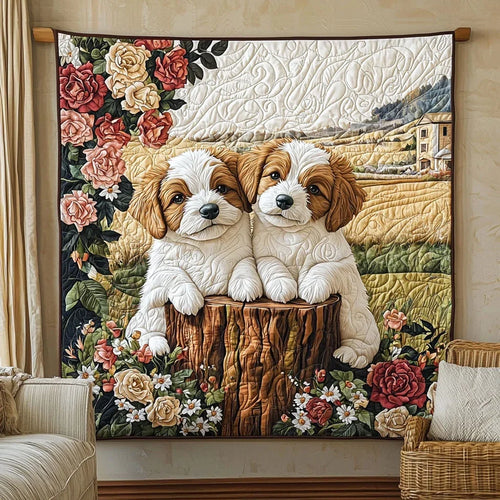 Dogs In Rose Garden Quilt Blanket