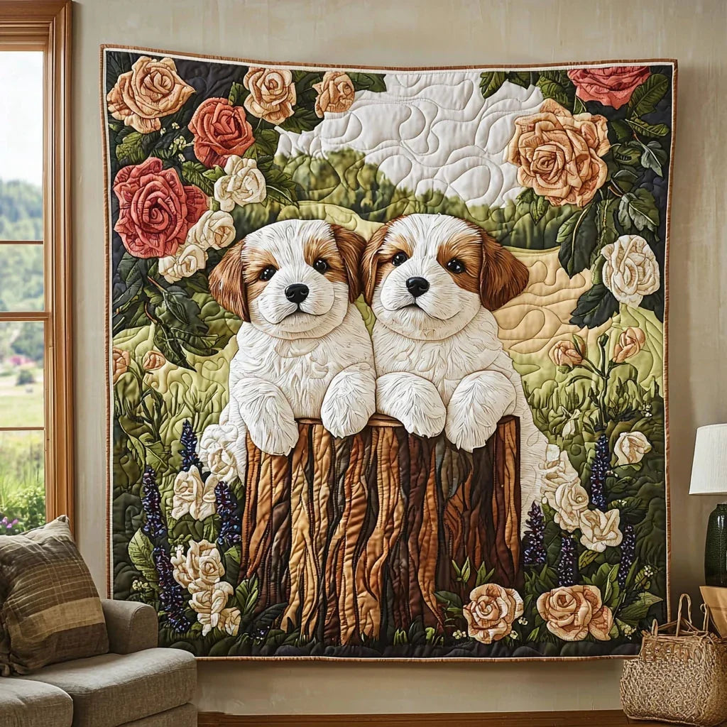 Dogs In Rose Garden Quilt Blanket