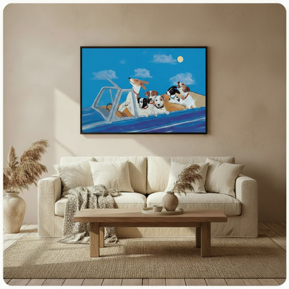 Dogs Joyride Night Illustrative Canvas Wall Art