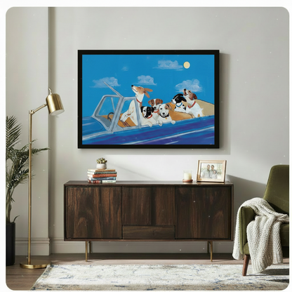 Dogs Joyride Night Illustrative Canvas Wall Art