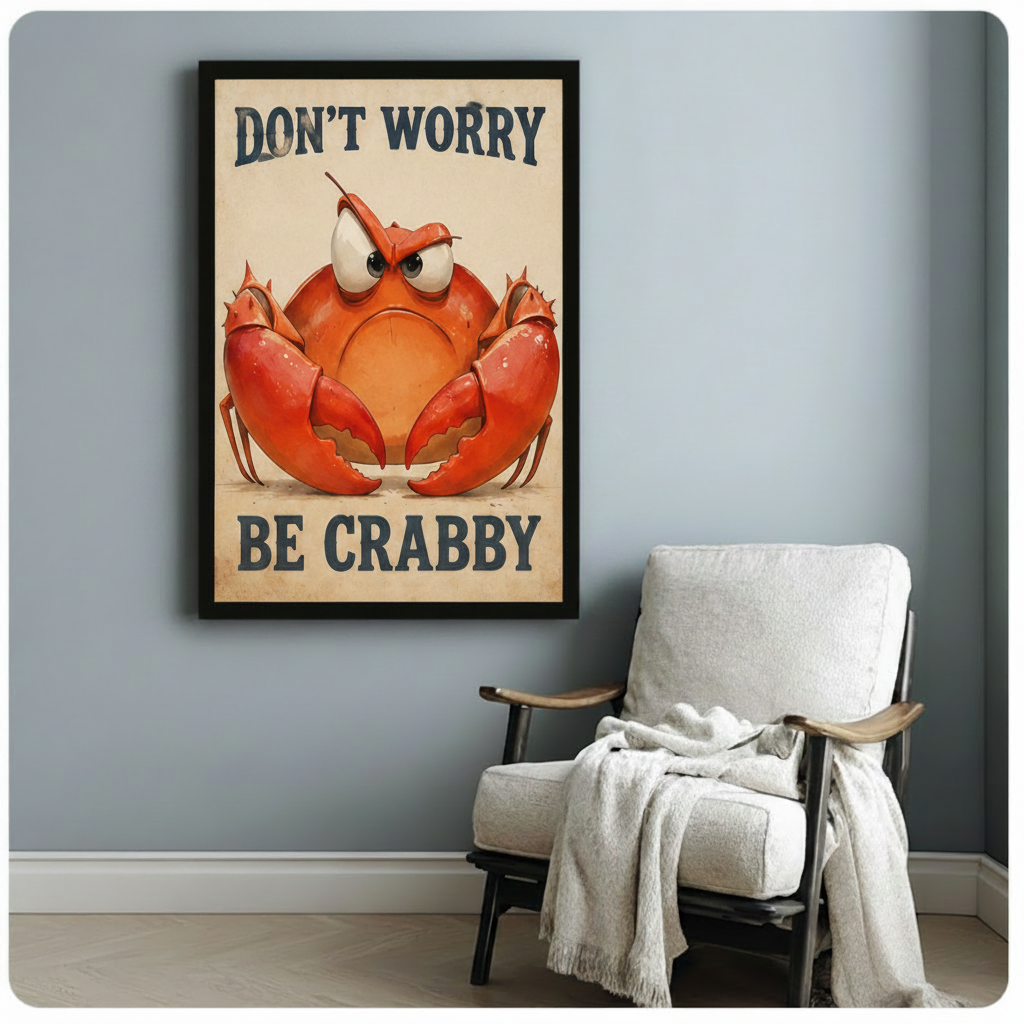 Don't Worry Be Crabby Retro Funny Canvas Wall Art