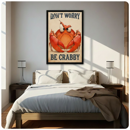 Don't Worry Be Crabby Retro Funny Canvas Wall Art