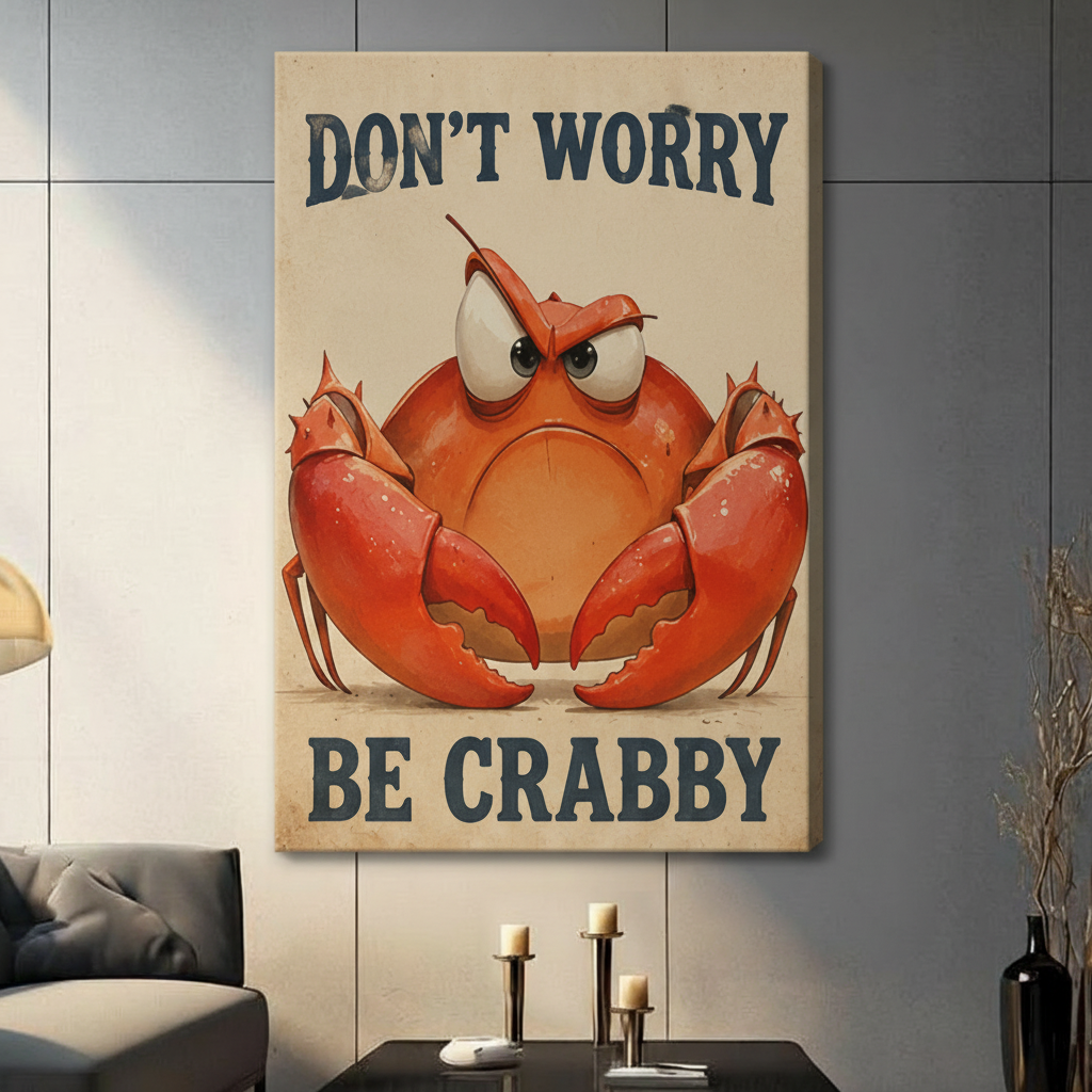 Don't Worry Be Crabby Retro Funny Canvas Wall Art
