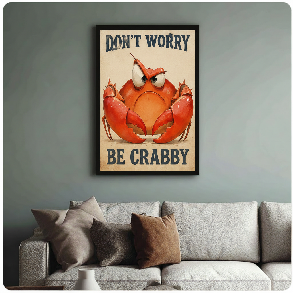 Don't Worry Be Crabby Retro Funny Canvas Wall Art