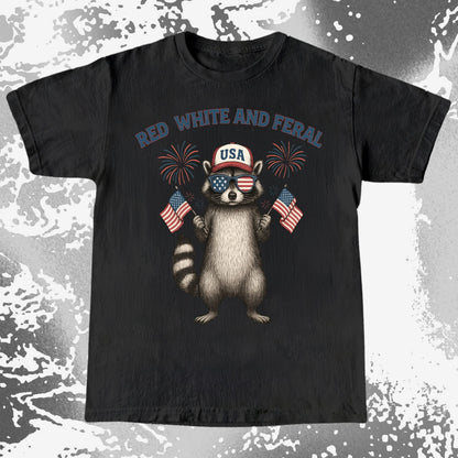 Red White And Feral Raccoon USA Shirt, funny meme tee gift (view 3)
