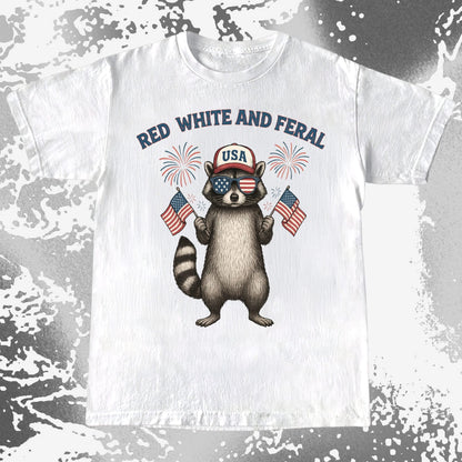 Red White And Feral Raccoon USA Shirt, funny meme tee gift (view 2)
