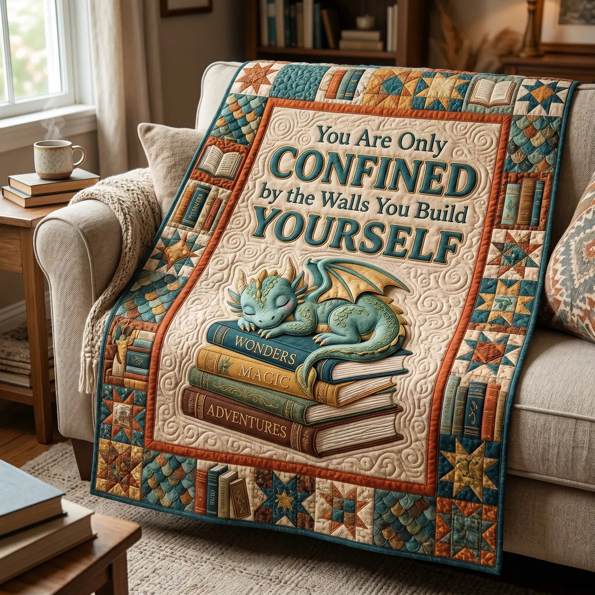 Dragon And Books Quilt Blanket