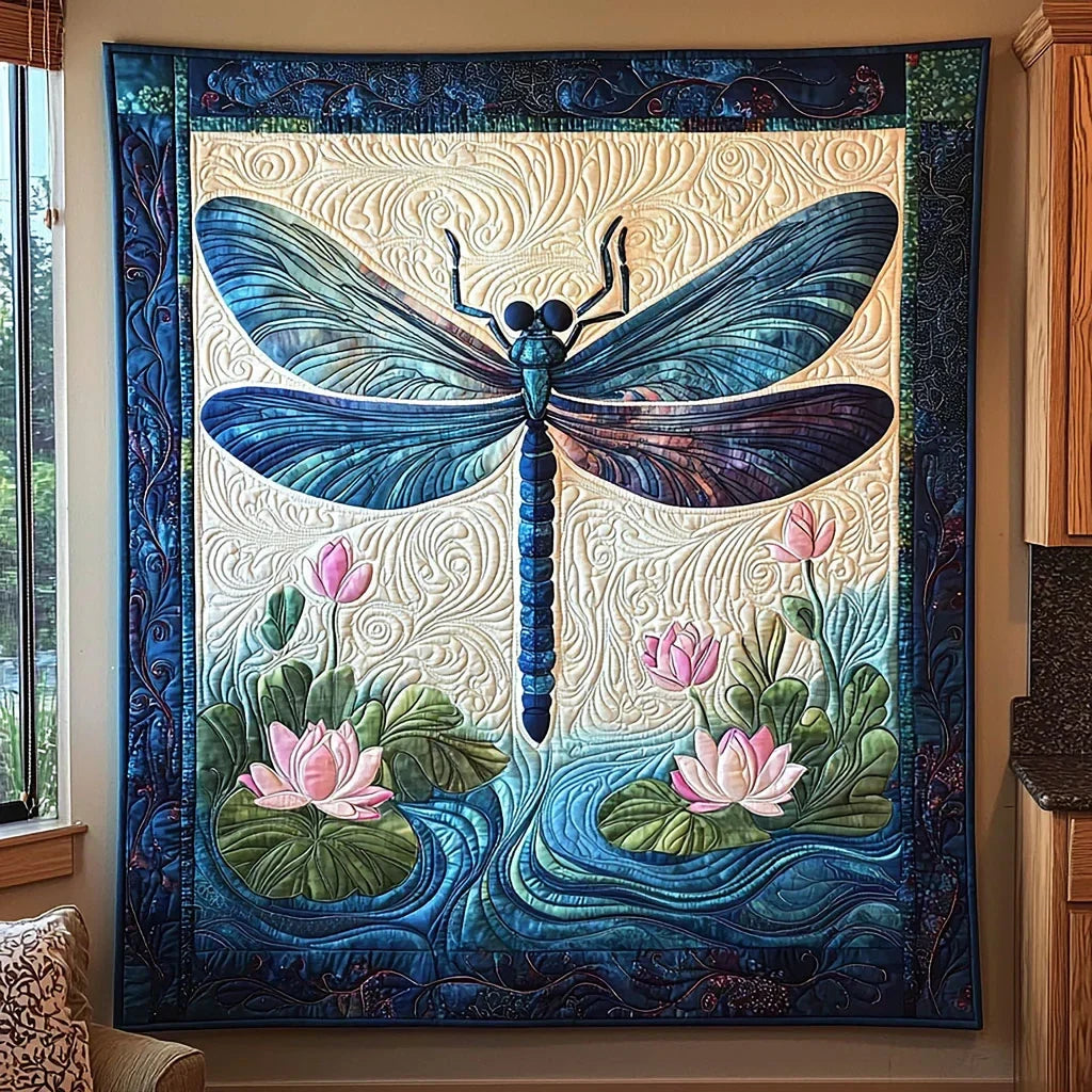 Dragonfly Above Lotus Quilt Blanket