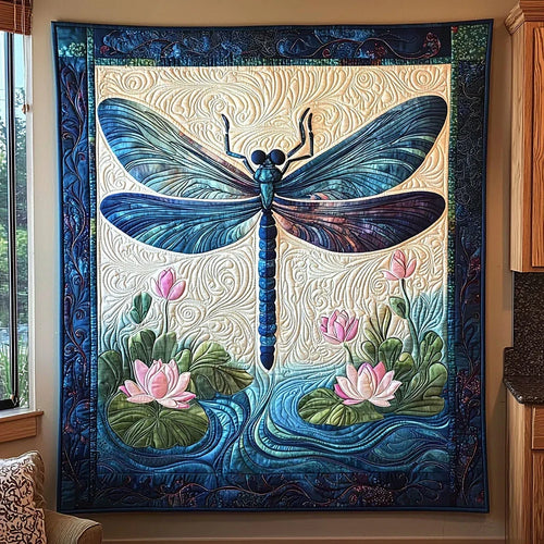 Dragonfly Above Lotus Quilt Blanket