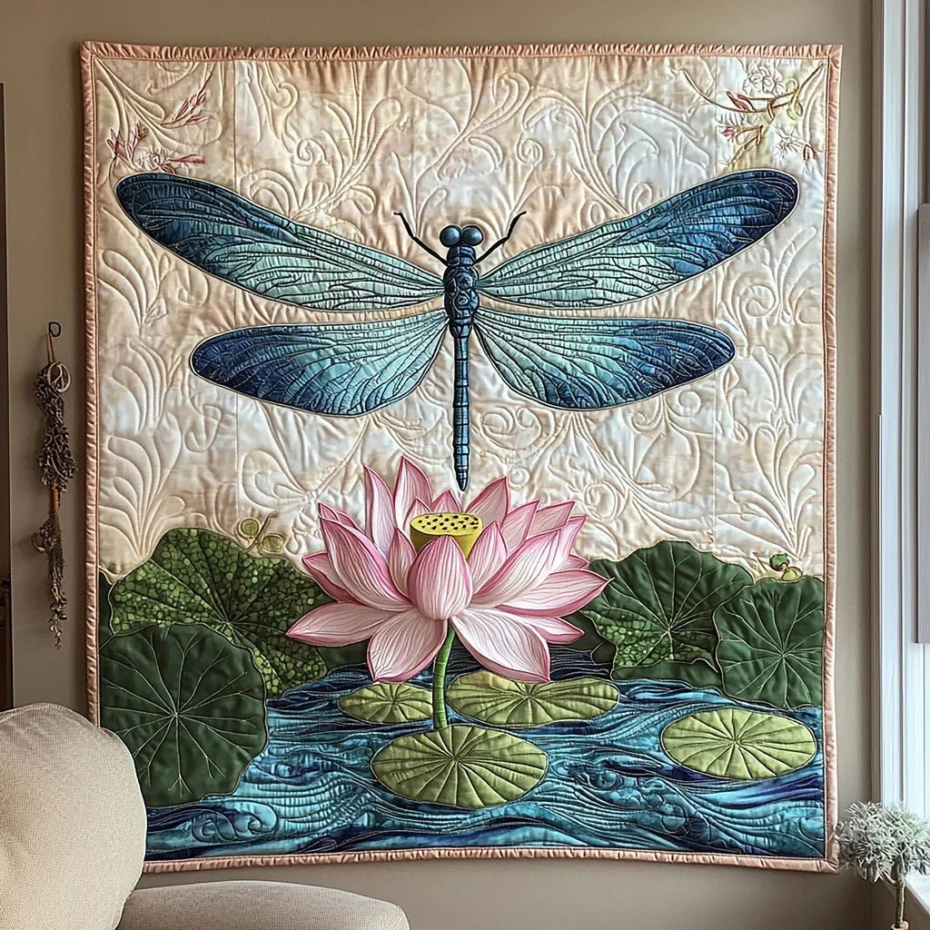 Dragonfly Above Lotus Quilt Blanket