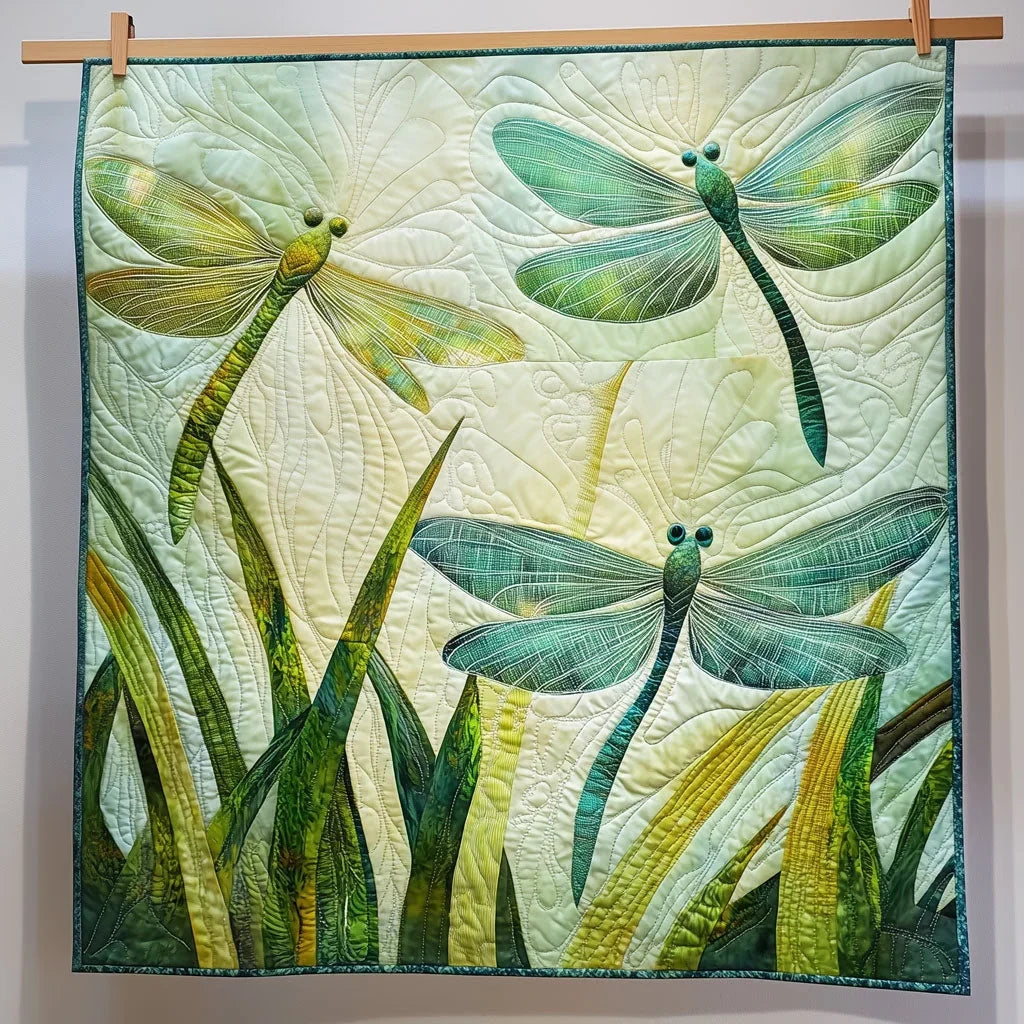 Dragonfly Hovers Above Grass Quilt Blanket