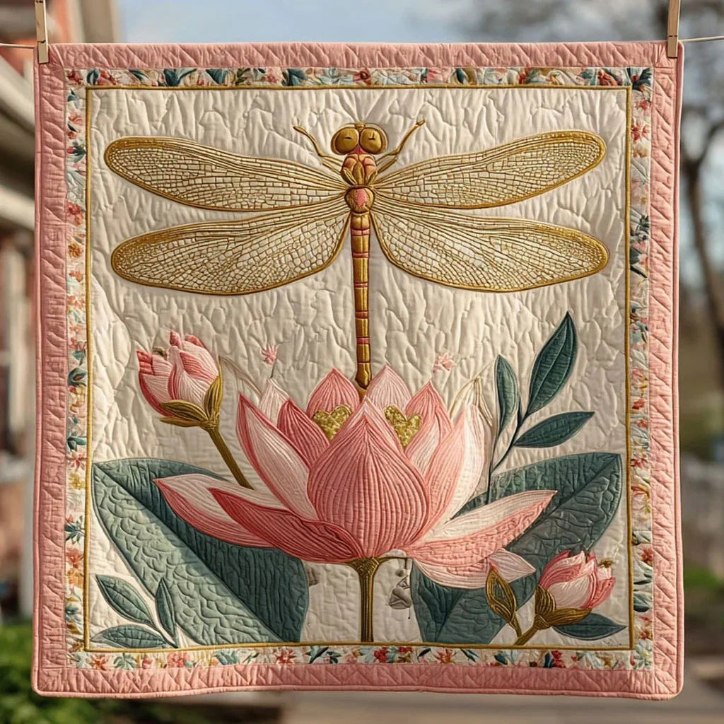 Dragonfly In Lotus Light Quilt Blanket