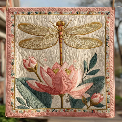 Dragonfly In Lotus Light Quilt Blanket