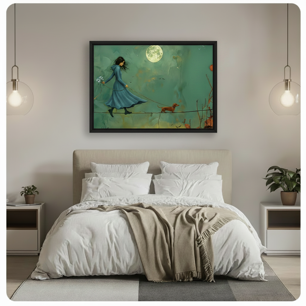 Moonlit Girl Dachshund Tightrope Canvas Art Wall Art