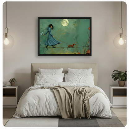 Moonlit Girl Dachshund Tightrope Canvas Art Wall Art