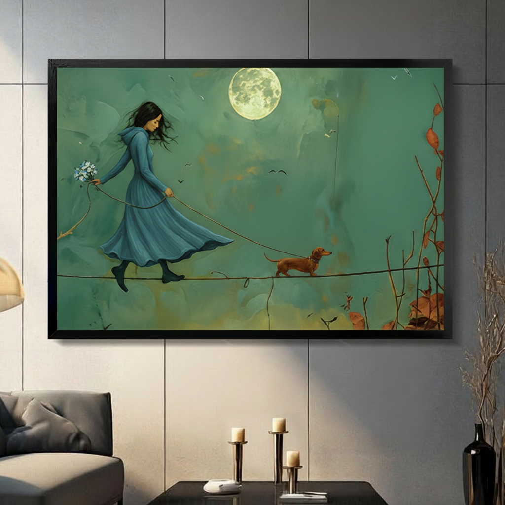 Moonlit Girl Dachshund Tightrope Canvas Art Wall Art