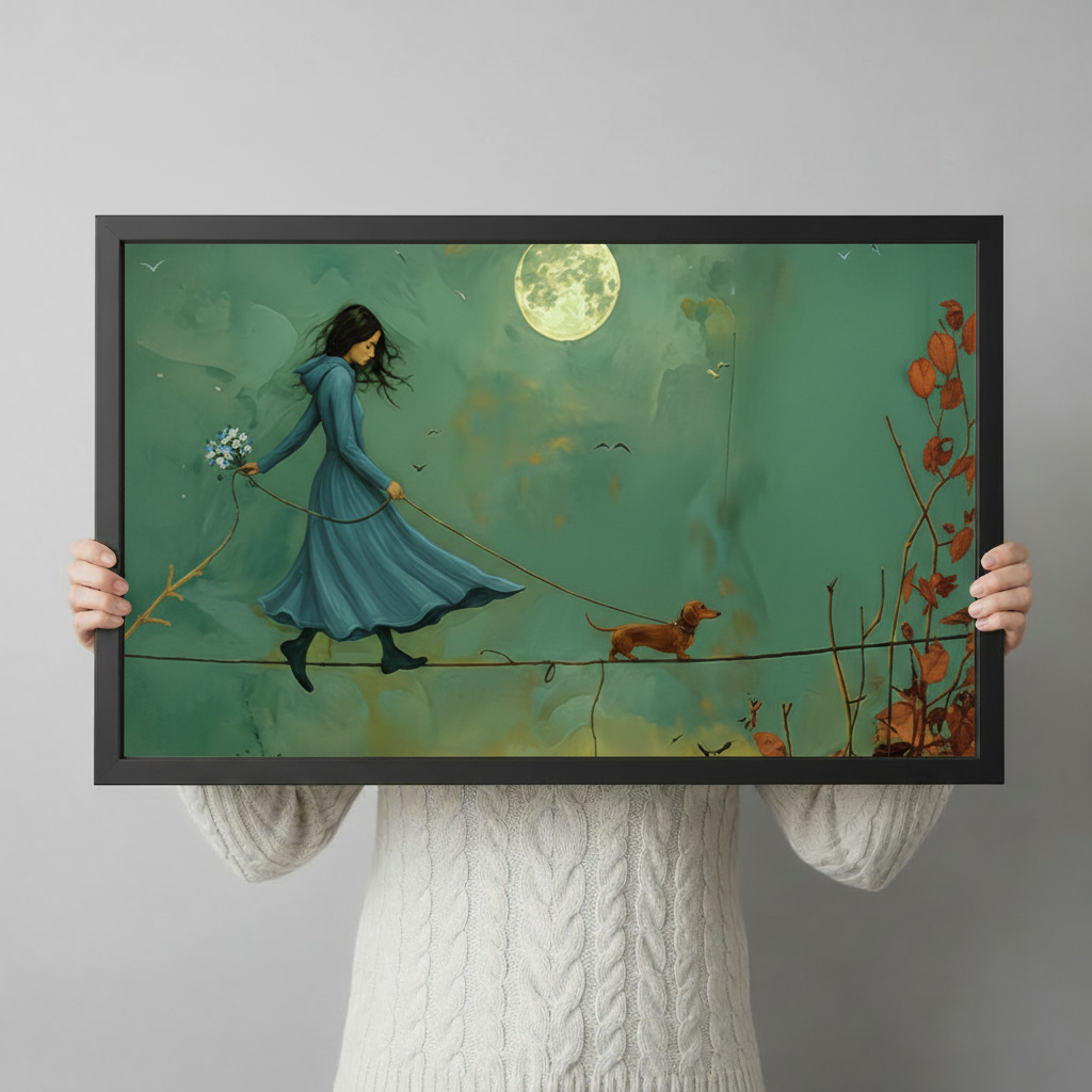 Moonlit Girl Dachshund Tightrope Canvas Art Wall Art
