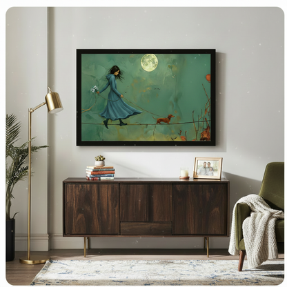 Moonlit Girl Dachshund Tightrope Canvas Art Wall Art