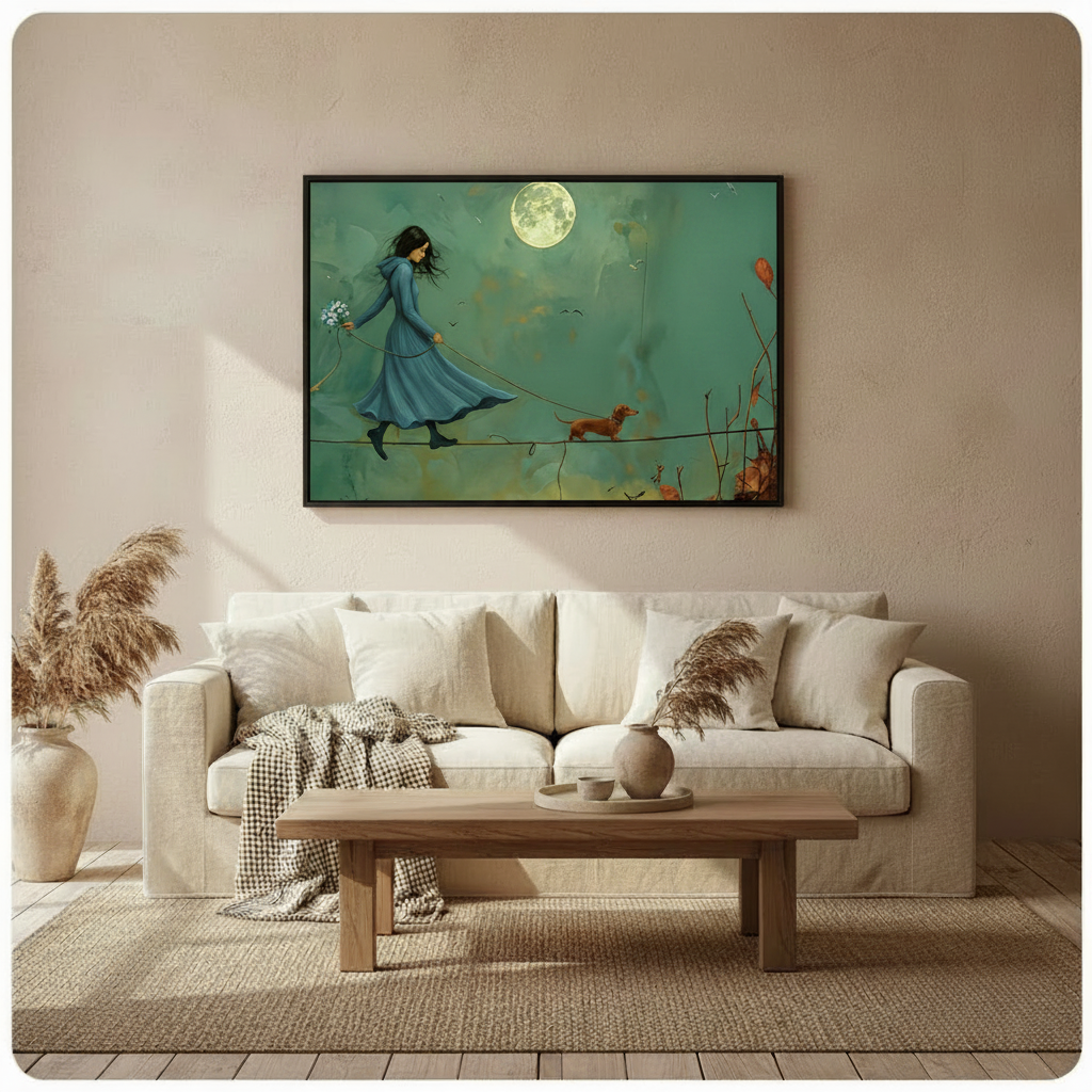 Moonlit Girl Dachshund Tightrope Canvas Art Wall Art