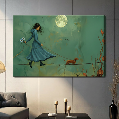 Moonlit Girl Dachshund Tightrope Canvas Art Wall Art