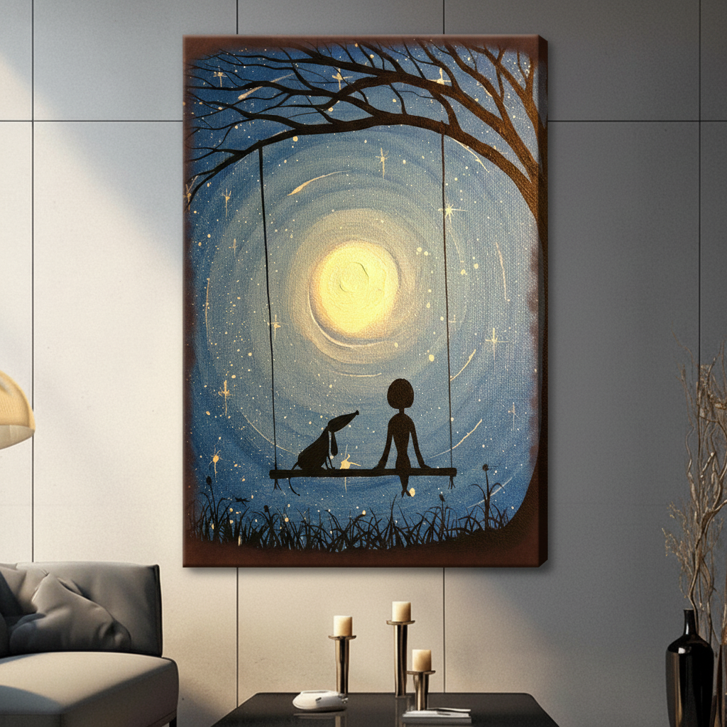 Moonlit Swing Girl and Dog Starry Night Canvas Art