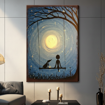 Moonlit Swing Girl and Dog Starry Night Canvas Art