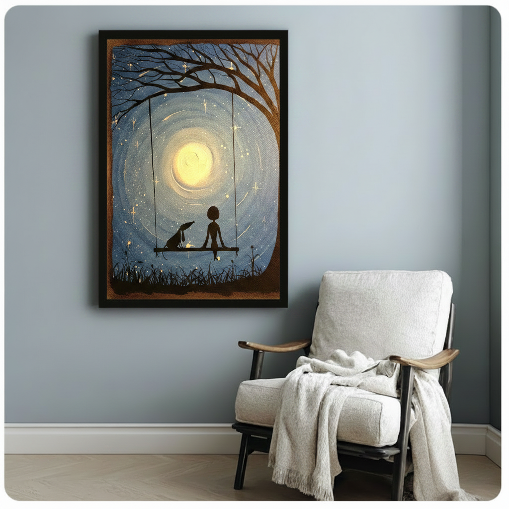 Moonlit Swing Girl and Dog Starry Night Canvas Art