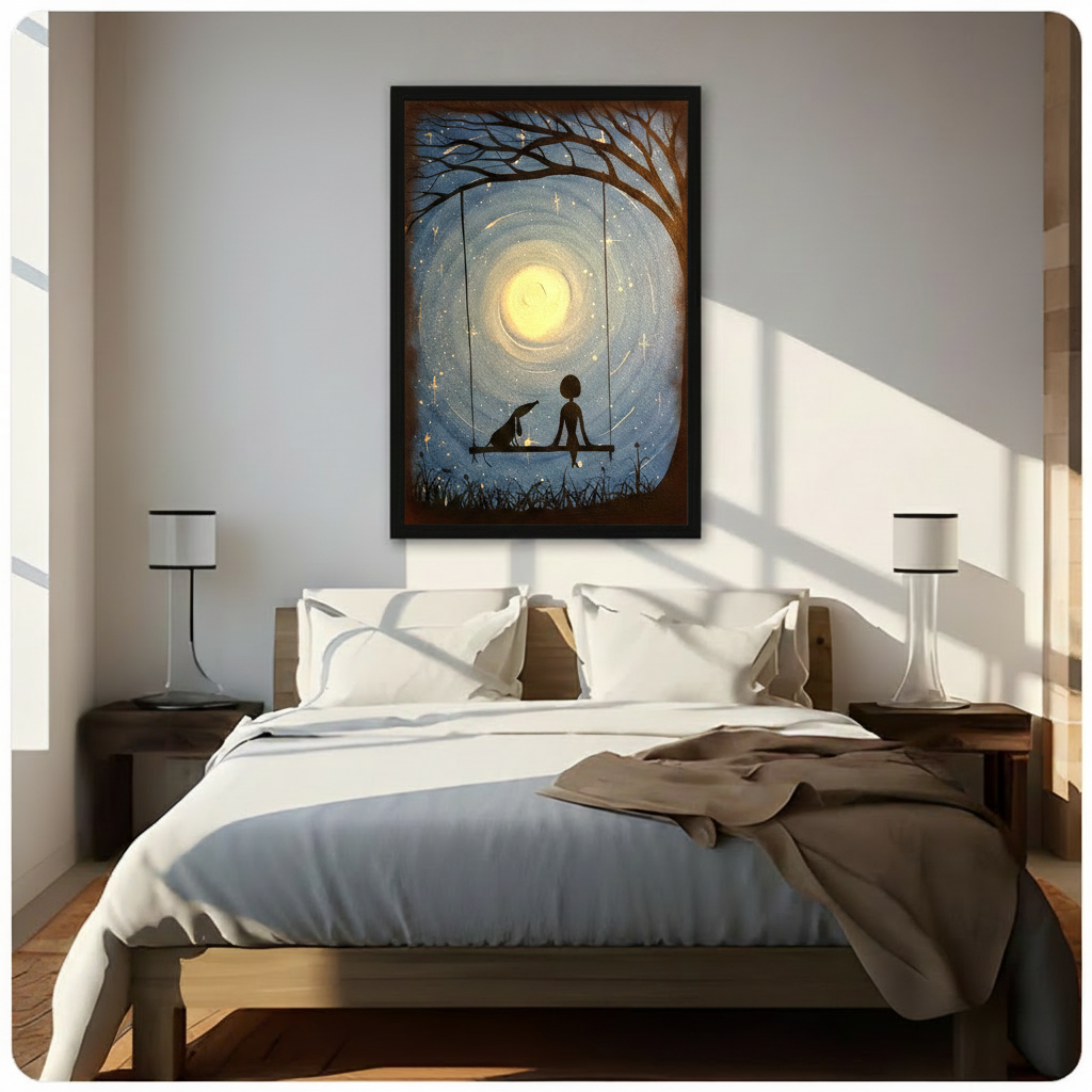 Moonlit Swing Girl and Dog Starry Night Canvas Art