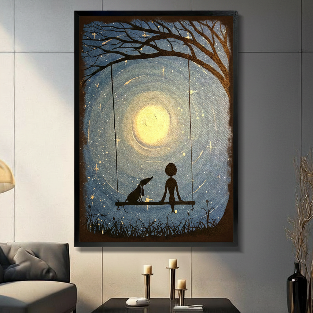 Moonlit Swing Girl and Dog Starry Night Canvas Art