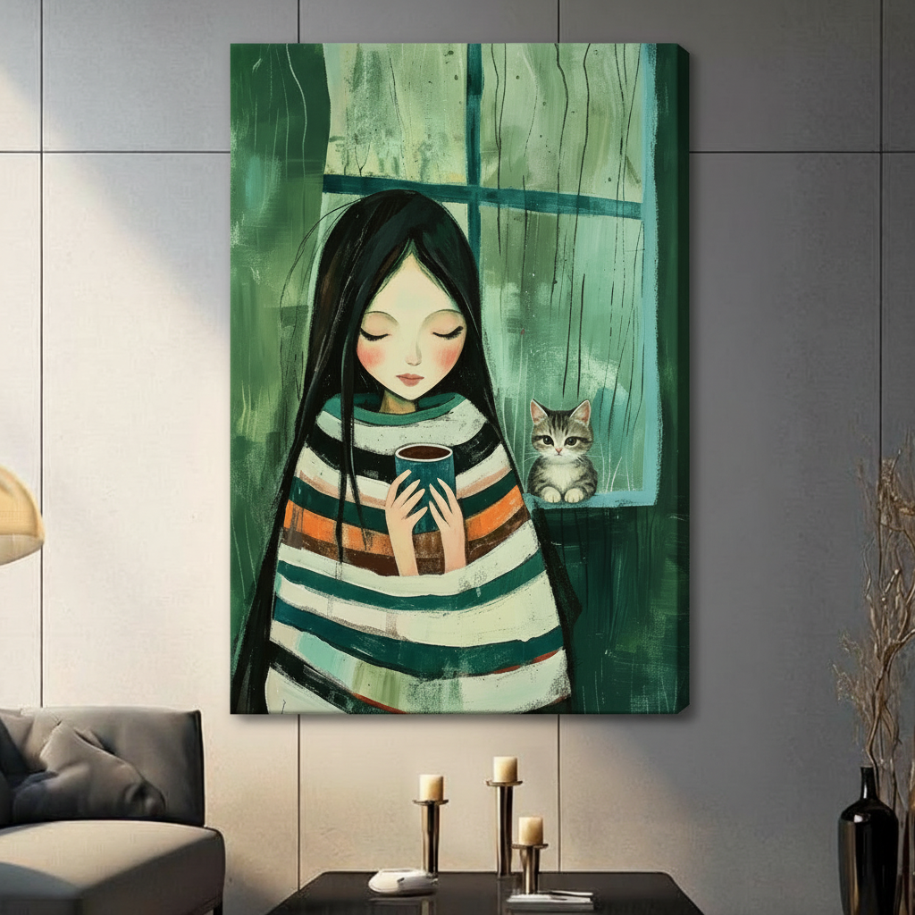Rainy Day Girl & Cat Whimsical Canvas Art Wall Art