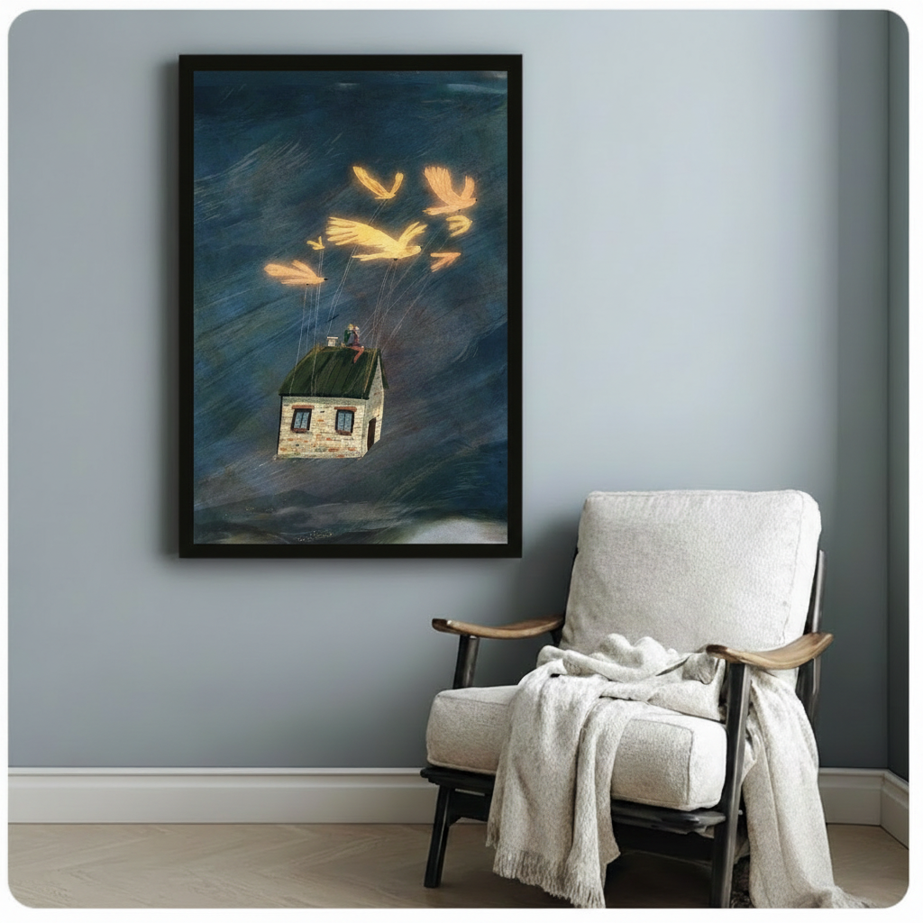 Golden Birds Flying House Whimsical Canvas Wall Art