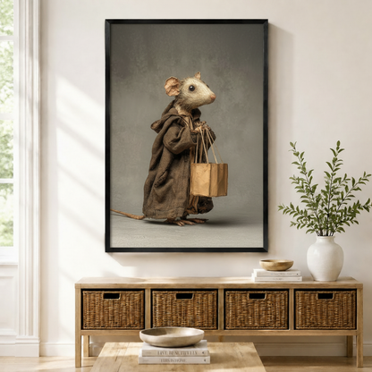Whimsical Mouse Shopper Framed Canvas Art Wall Art