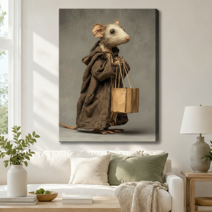 Whimsical Mouse Shopper Framed Canvas Art Wall Art
