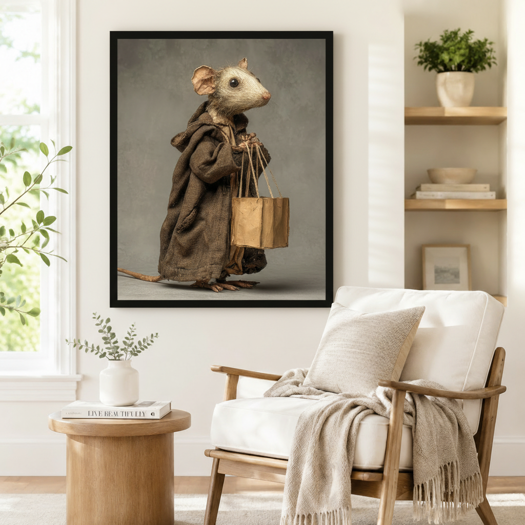 Whimsical Mouse Shopper Framed Canvas Art Wall Art