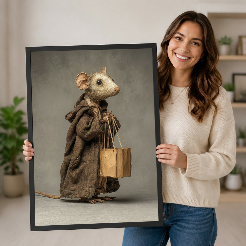 Whimsical Mouse Shopper Framed Canvas Art Wall Art