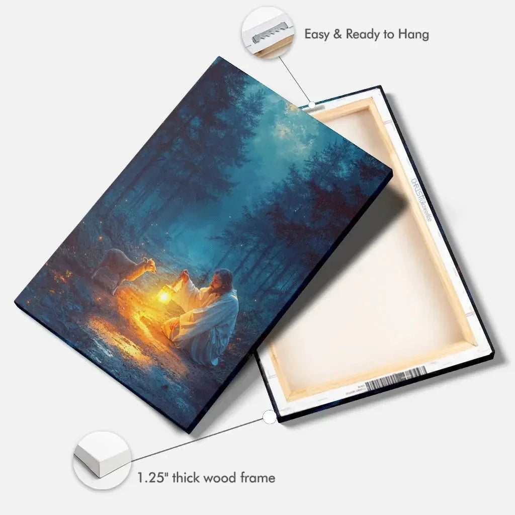 jesus rescues lamb at night wall art canvas (Landscape) (view 2)