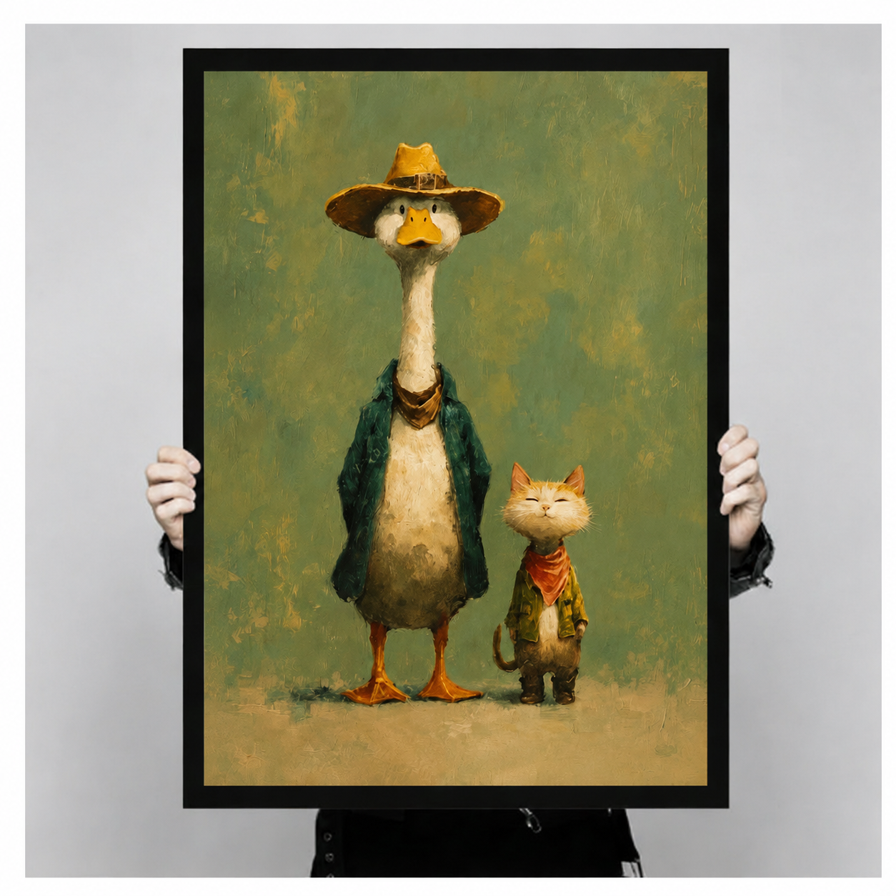 Vintage Duck & Cat Duo Oil Painting Canvas Wall Art