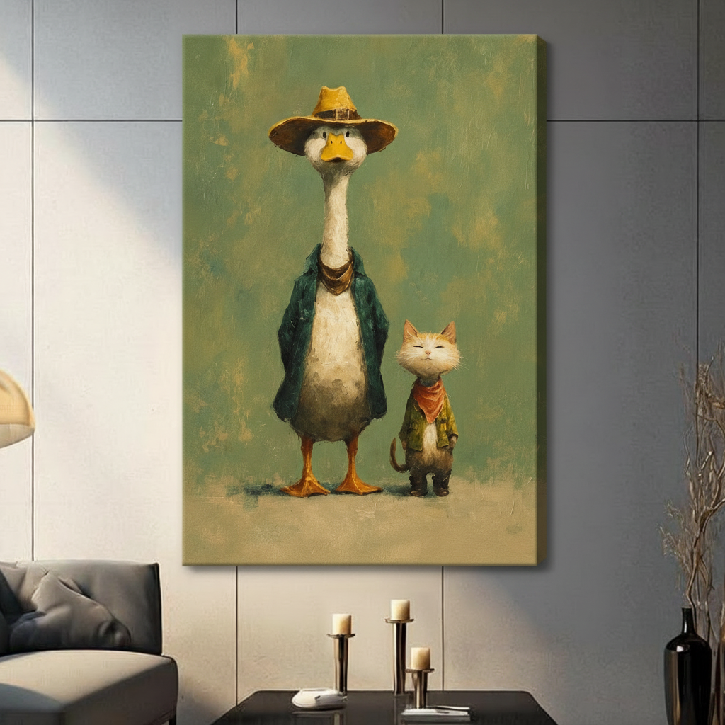Vintage Duck & Cat Duo Oil Painting Canvas Wall Art
